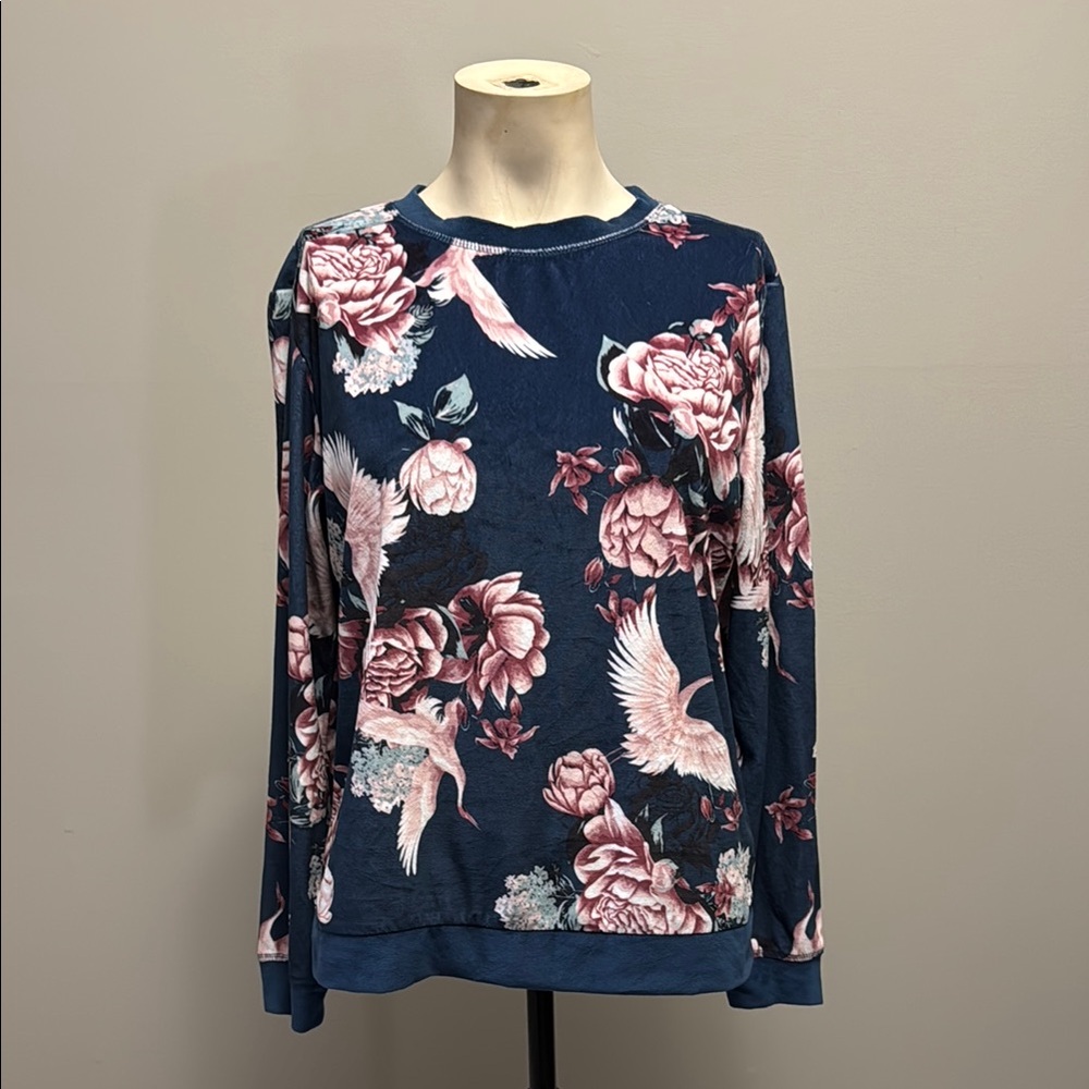 Floral Print Navy Blue Women's Soft Velvet Sweater